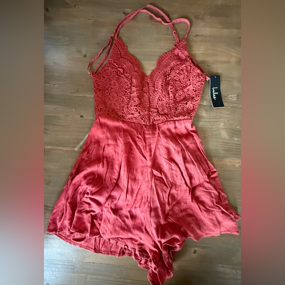 Lulu's Star Spangled Rust Backless Lace Romper - Picture 4 of 8
